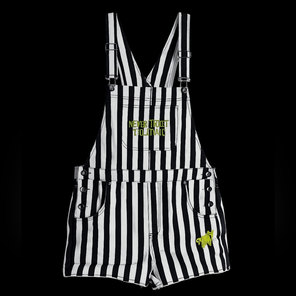 Beetlejuice Hot Topic Striped Overalls Shorts Never Trust The Living Size Large